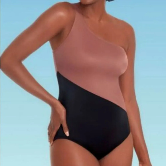 Trimshaper Color Block Brown & Black One Piece Swimsuit For Women's Size 12 - Picture 1 of 6